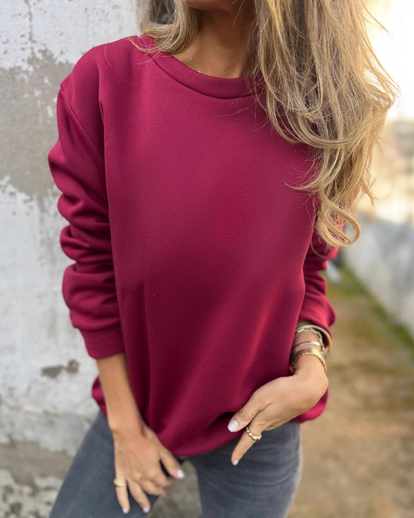 Casual Women's Solid Color Round Neck Long Sleeve Sweater Solid Color Top